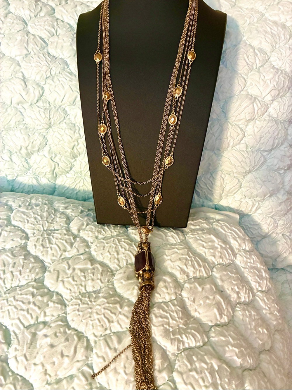 Lucky Brand Layered Gold-Tone Necklace Vintage style Crystal Tassel